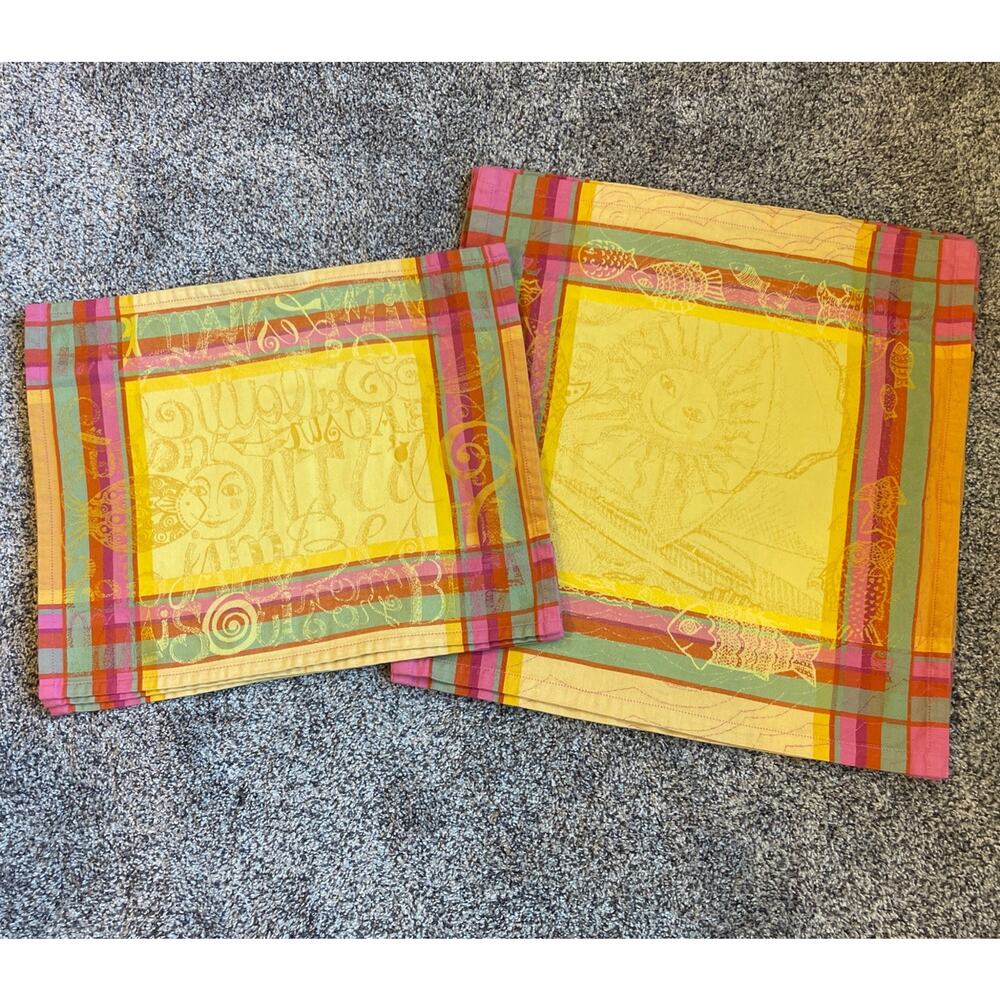 Set Of 8 Jaquard Colorful Table Linens 4 Placemats 4 Napkins Fish Sun